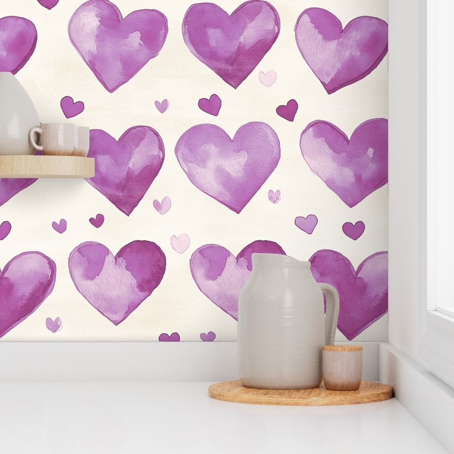 LARGE Valentine's Day Watercolor Purple Hearts Trendy Romantic Pattern