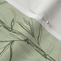 m - Bamboo Stems With Leaves - Line Art On Linen - Sage Fern Tea Green