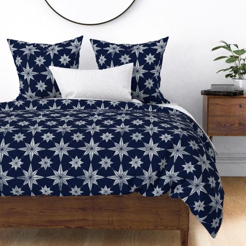 Midnight Blue Rustic Geometric Hand-Drawn Stars - Textured Blockprint