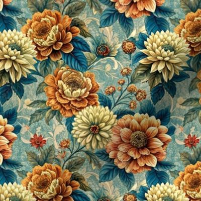 Small Bold Vintage Flower Blooms Blue Rust Ivory