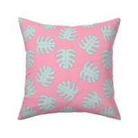 Bright Monstera Island Jungle Leaves in Preppy Pink and Blue (Med)