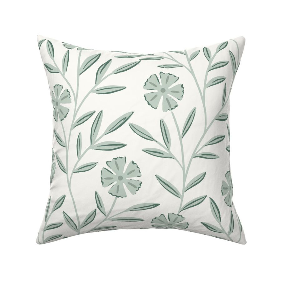 Climbing Floral Vine In Soft Moss Green On White