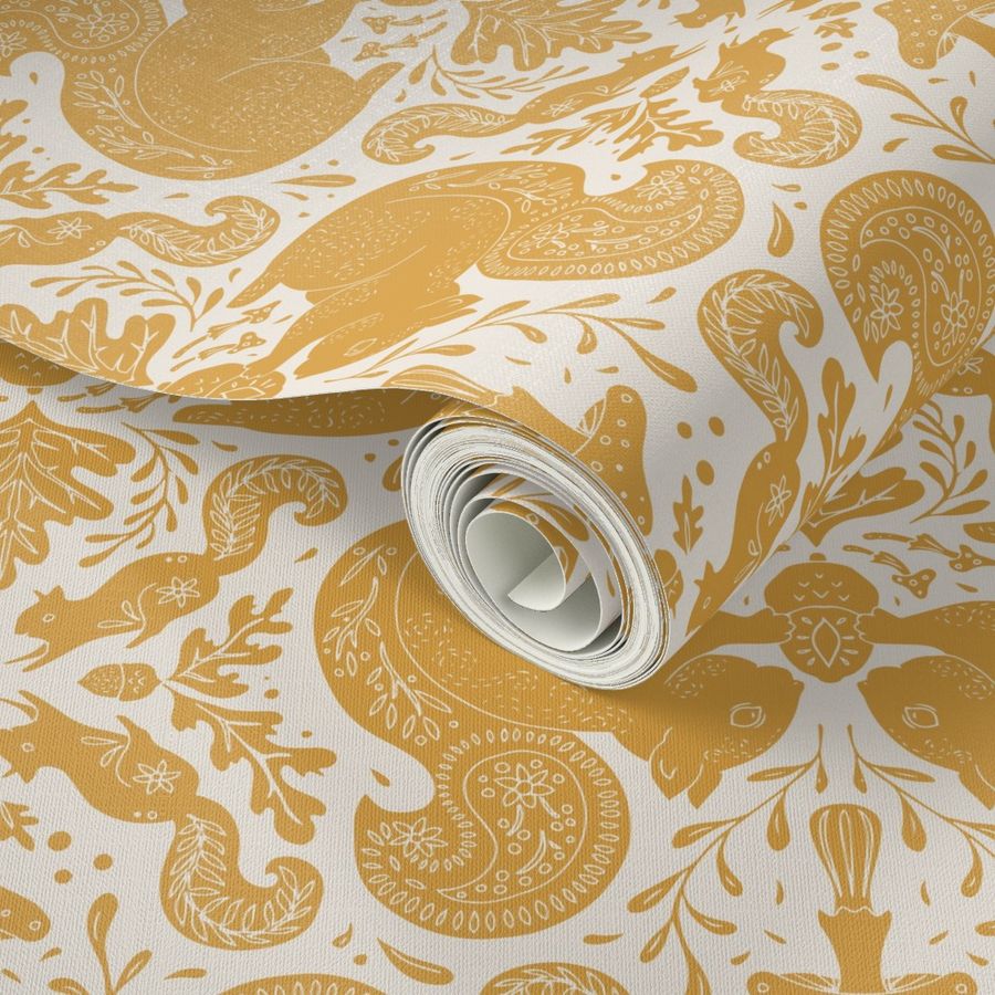 Large Hand Drawn Forest Squirrel Mushroom Damask Off-White Turmeric Yellow