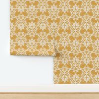 Large Hand Drawn Forest Squirrel Mushroom Damask Off-White Turmeric Yellow