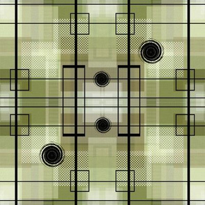 Green Brown Plaid Squares with Line and Circle Pattern