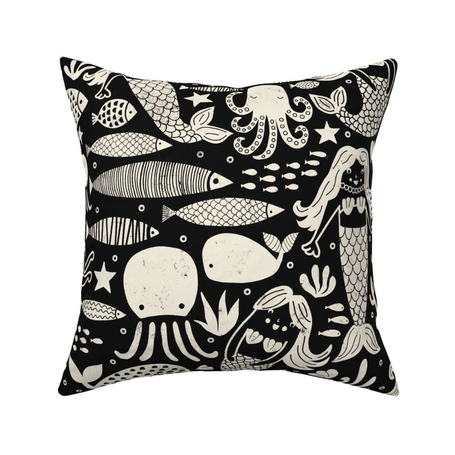 Underwater Mermaids and Sea Life Block Print White on Black (L) 24 Inch