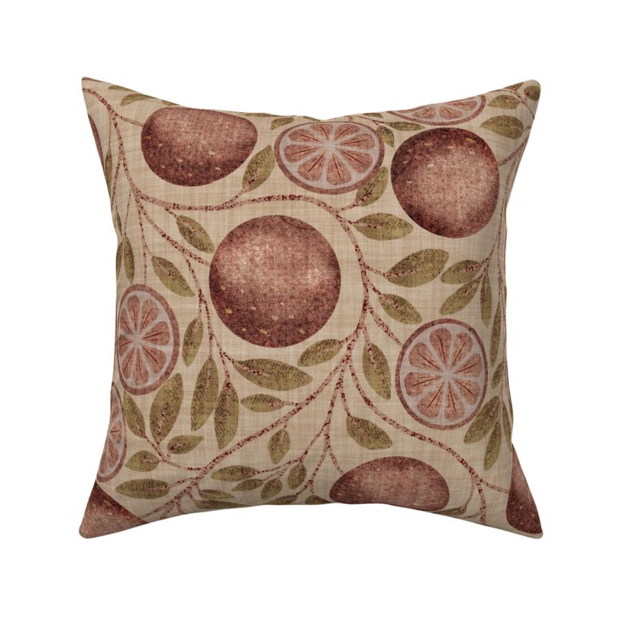 Rustic Mocha Mousse Oranges with Greenery on Distressed Linen Background