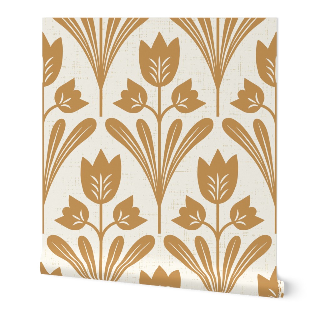 Scandinavian Folk Modern Tulip Flowers in Yellow Ochre and Light Ivory