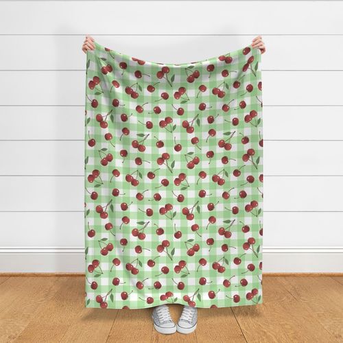 cherry picnic ripe cherries fruit gingham checks 2 inch white spring green