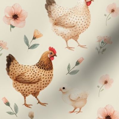 Farmhouse Chickens & Floral Pattern - Cottagecore Rustic Country Spring