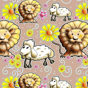 Lion and Lamb with Light Brown Background