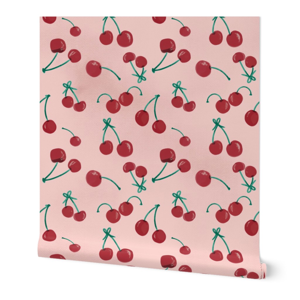 Retro Vibe Red Cherries on Lightly Distressed Textured Pink Background (L)