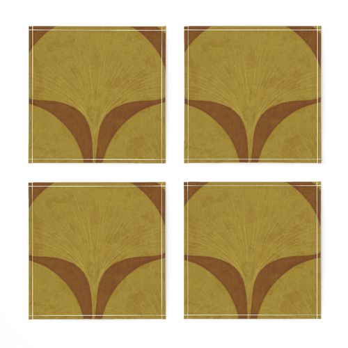 LARGE / Antique Ginkgo Art Deco Scallop / Rich Earthy Brown & Yellow Ochre