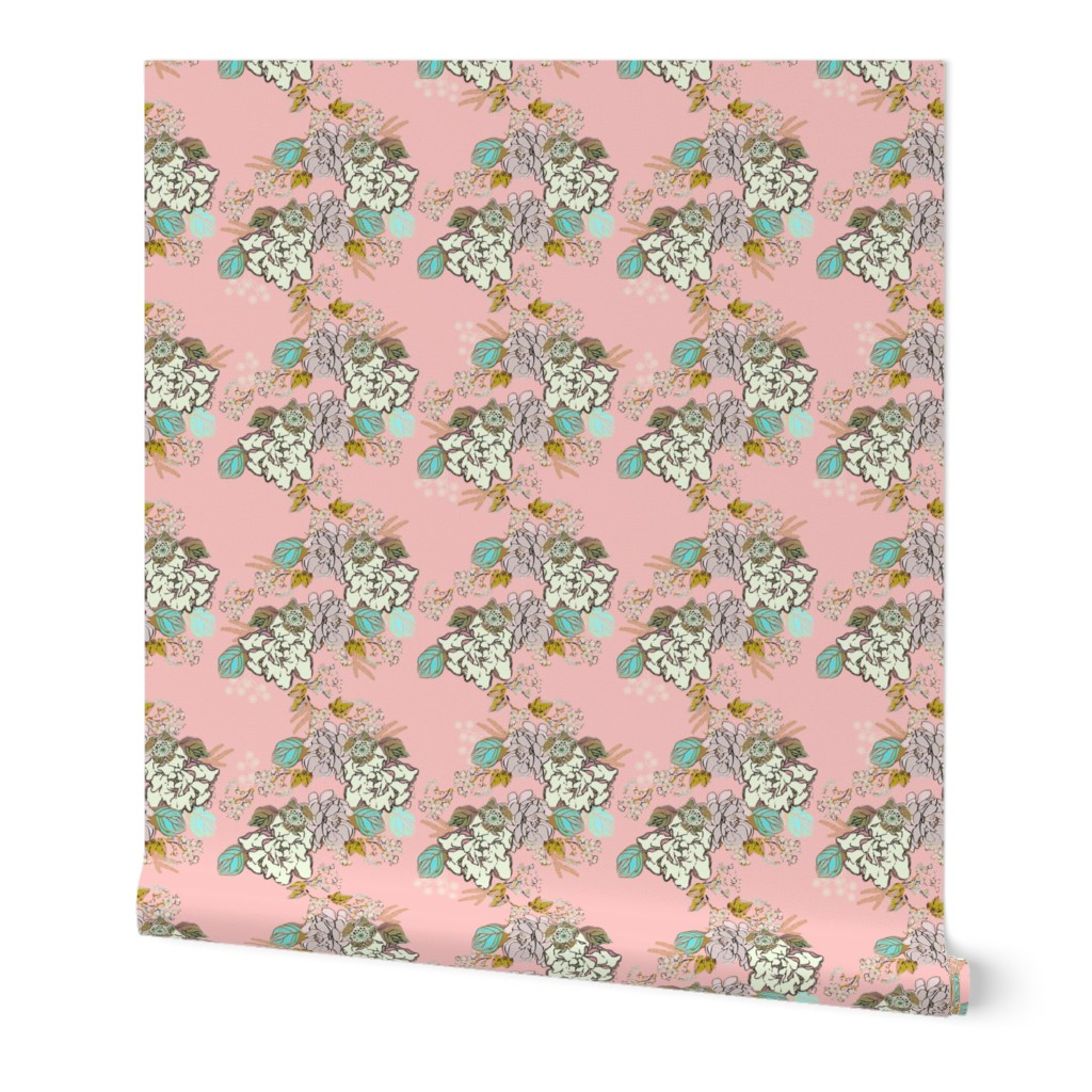 Retro Gardenia floral on pink