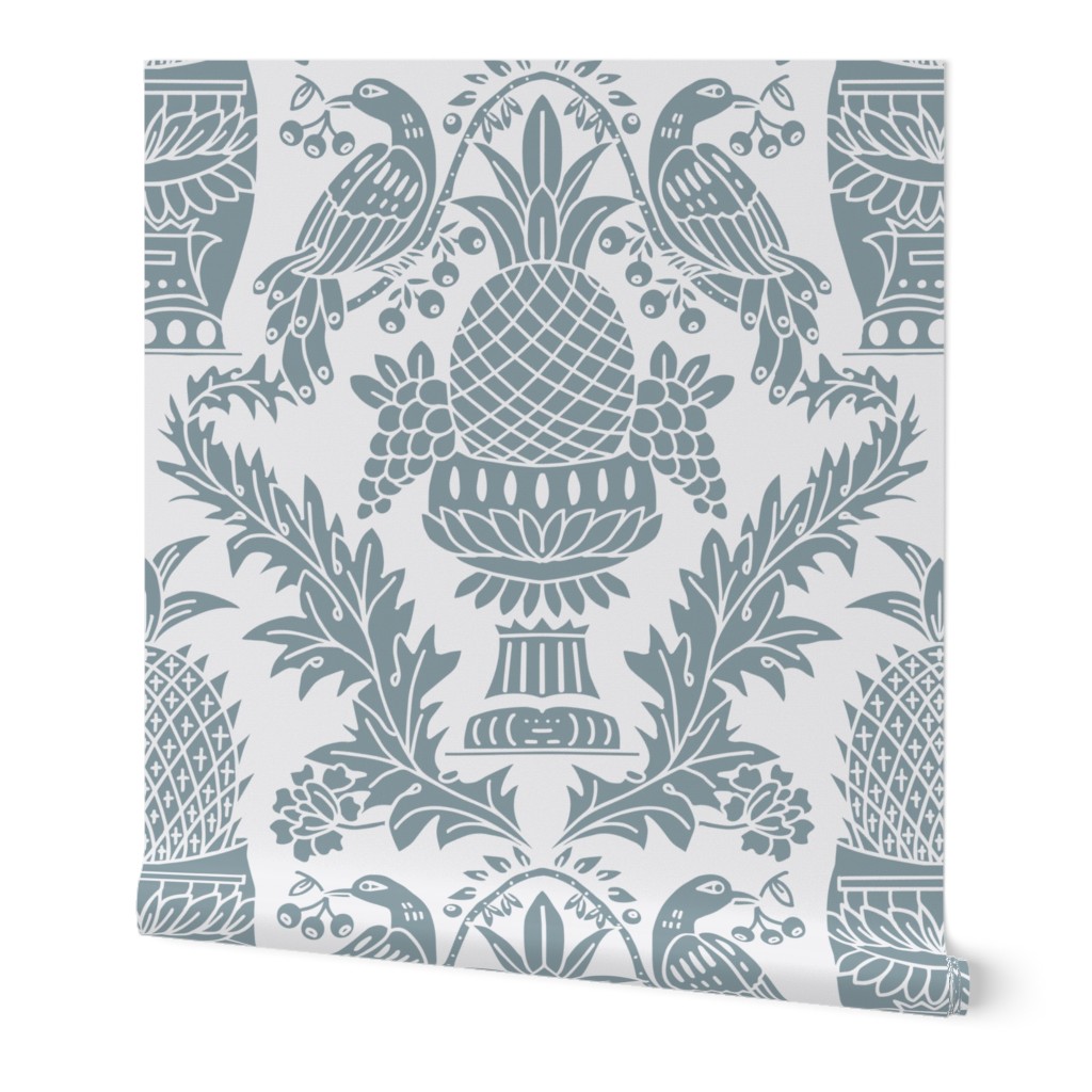 Ornate Traditional Floral Damask in Pale Blue and White (L)