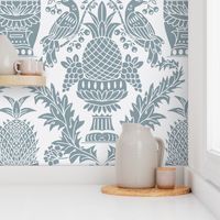 Ornate Traditional Floral Damask in Pale Blue and White (L)