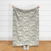 Vintage Rustic Wintertime Toile Grey Green Cream Large Scale