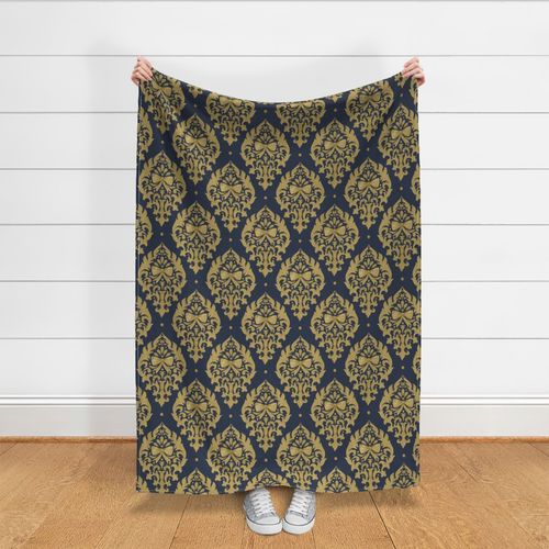 Large Elegant Watercolor Bow Damask in Faux Gold with Navy Blue Background