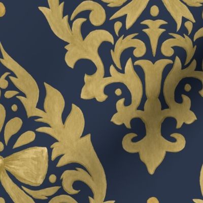 Large Elegant Watercolor Bow Damask in Faux Gold with Navy Blue Background