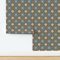 L - Flower Tiles - Tapestry Blue - Arona - Cannoli Cream On Dull Gold Brown