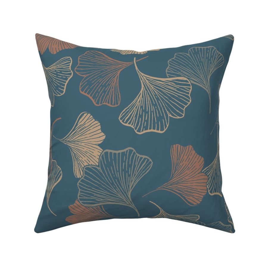 (L) Scattered gingko leaves - Teal - Pantone 2025 Tapestry and Mocha Mousse