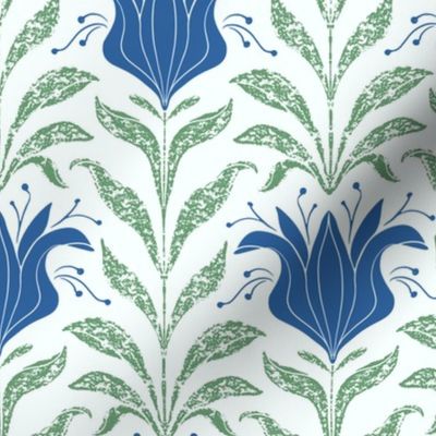 grunge gritty retro blockprint lily-royal blue-green-on recycled paper look