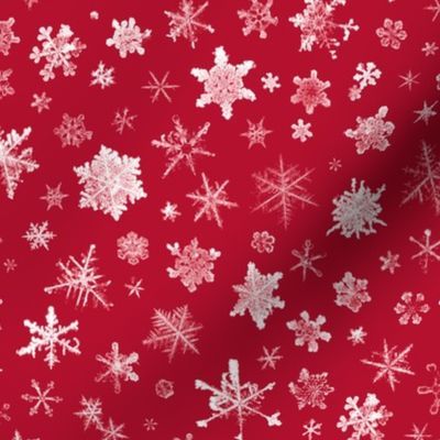 photographic snowflakes on crimson (large snowflakes)