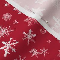 photographic snowflakes on crimson (large snowflakes)