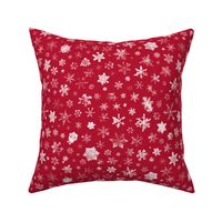 photographic snowflakes on crimson (large snowflakes)