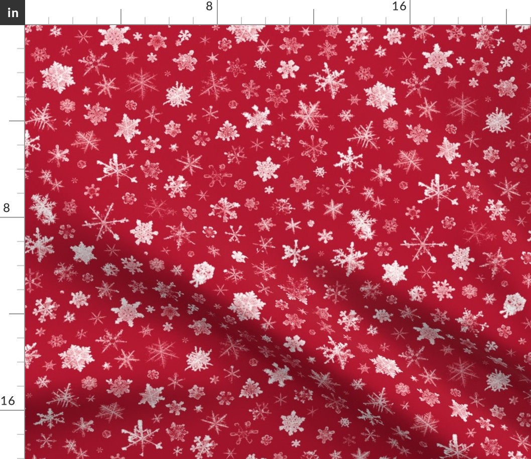 photographic snowflakes on crimson (large snowflakes)