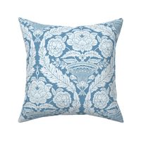 Damask symmetry peony in a vase and acanthus leaves white on blue 12 in