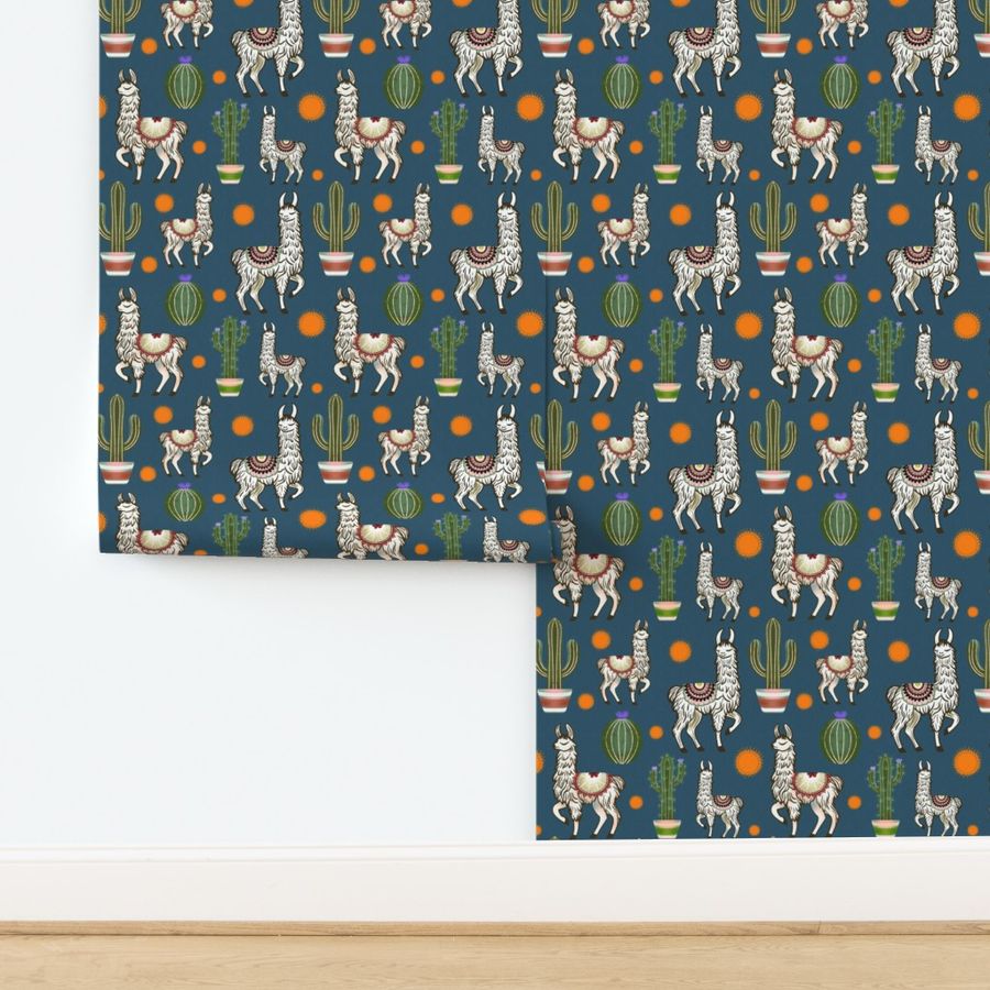 Sexy Llamas & Cactus Dreams- Cream - Dark Blue - Green - Orange ( Medium )