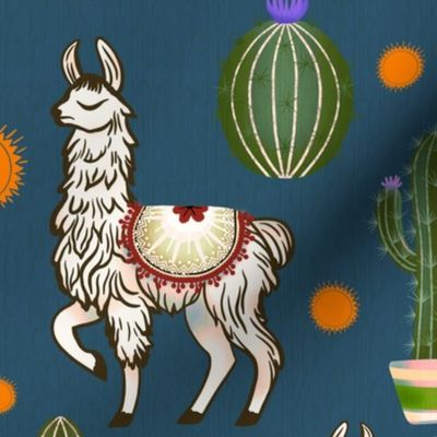 Sexy Llamas & Cactus Dreams- Cream - Dark Blue - Green - Orange ( Medium )