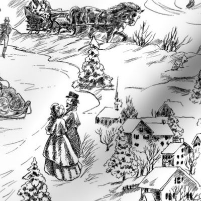 Nostalgic Winter Scene Toile Black And White Large Scale