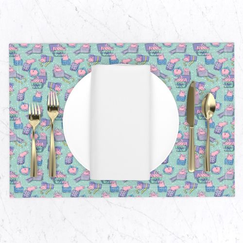 Pig Party with Presents Bows & Confetti - Pink & Blue Lilac on Light Teal