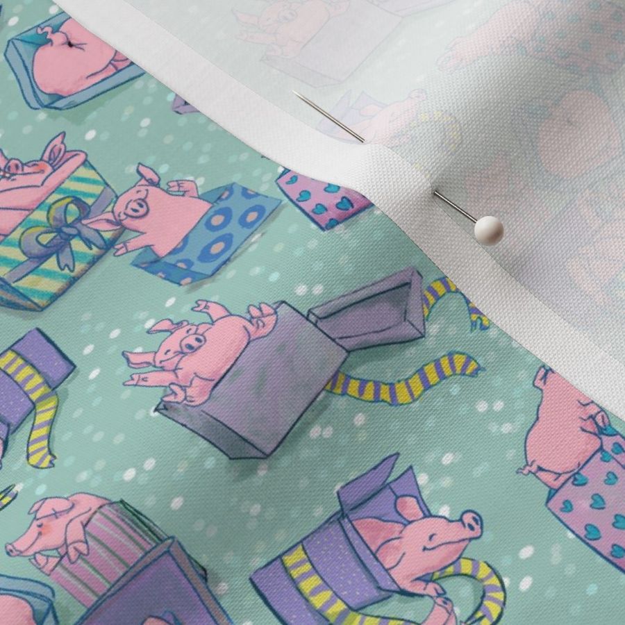 Pig Party with Presents Bows & Confetti - Pink & Blue Lilac on Light Teal