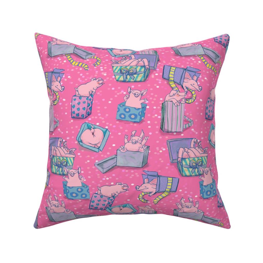 Pig Party with Presents Bows & Confetti - Playful Rose Blue Lilac on Pink