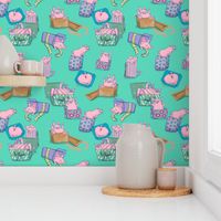 Pig Party with Presents & Bows - Pink & Blue Lilac Purple on Aqua Green