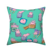 Pig Party with Presents & Bows - Pink & Blue Lilac Purple on Aqua Green