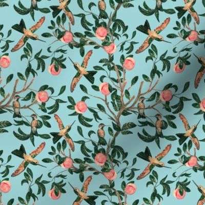 Small Robin's Egg Blue Vintage Hummingbirds Peach Trees Bird Fabric Retro