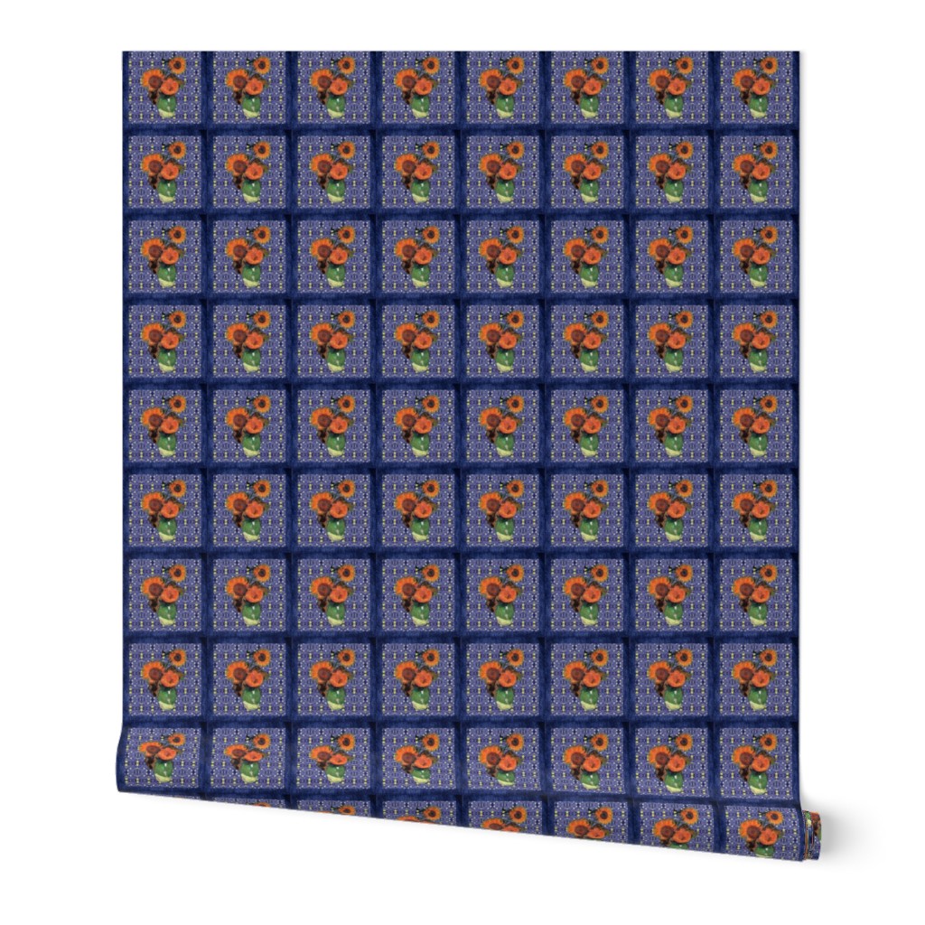 Van Gogh's Sunflowers on "Denim" Cheater Quilt Blocks 