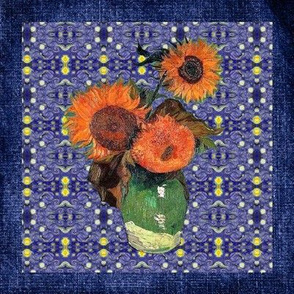 Van Gogh's Sunflowers on "Denim" Cheater Quilt Blocks 