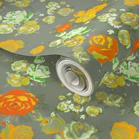 Vintage Floral Print with Yellow Roses on Grey