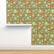 Vintage Floral Print with Yellow Roses on Grey