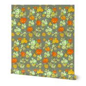 Vintage Floral Print with Yellow Roses on Grey