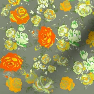 Vintage Floral Print with Yellow Roses on Grey