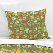 Vintage Floral Print with Yellow Roses on Grey