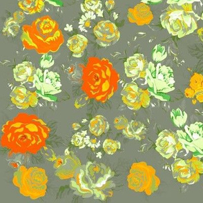Vintage Floral Print with Yellow Roses on Grey