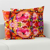 Large Print Bold Peony Floral Pattern in Magenta, Baby Pink, Violet, Gold, Red, and Black