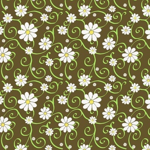 daisies and scrolls on brown